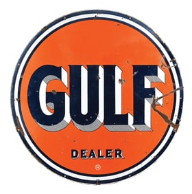 GULF GASOLINE PORCELAIN SERVICE STATION SIGN.