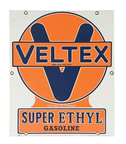 VELTEX SUPER ETHYL GASOLINE PORCELAIN PUMP PLATE SIGN.