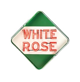 WHITE ROSE GASOLINE PORCELAIN SERVICE STATION SIGN W/ ADDED NEON.