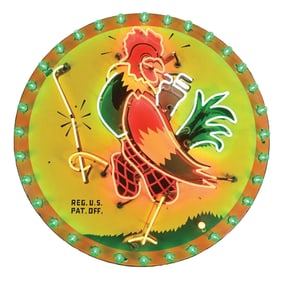 OUTSTANDING CHICKEN IN THE ROUGH PORCELAIN NEON RESTAURANT SIGN W/ ROOSTER GRAPHIC & OUTER LIGHT