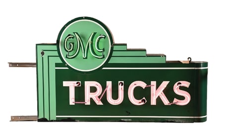 GMC TRUCKS COMPLETE PORCELAIN NEON SIGN W/ BULLNOSE ATTACHMENT.