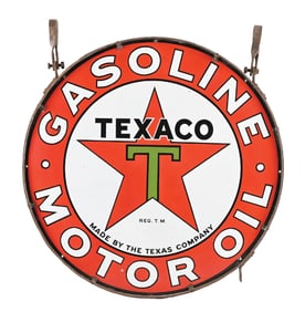 TEXACO GASOLINE & MOTOR OIL PORCELAIN SIGN W/ ORIGINAL IRON FRAME.