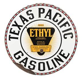 TEXAS PACIFIC ETHYL GASOLINE PORCELAIN SIGN.