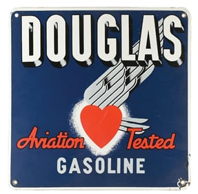 DOUGLAS AVIATION TESTED GASOLINE PORCELAIN PUMP PLATE SIGN.