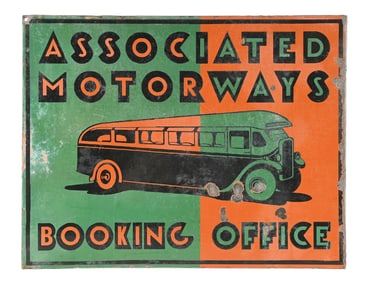 ASSOCIATED MOTORWAYS BOOKING OFFICE PORCELAIN FLANGE SIGN W/ BUS GRAPHIC.