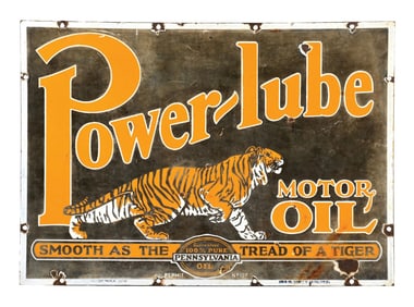 POWERLUBE MOTOR OIL PORCELAIN SIGN WITH TIGER GRAPHIC.