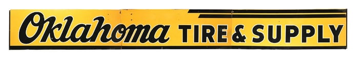 OKLAHOMA TIRE & SUPPLY 3-PIECE PORCELAIN SIGN W/ COOKIE CUTTER EDGE.