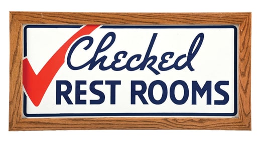 CHECKED REST ROOMS PORCELAIN SIGN W/ ADDED OAK FRAME.