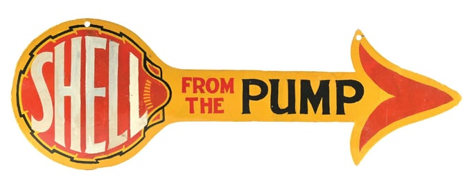 SHELL GASOLINE FROM THE PUMP PORCELAIN ARROW SIGN.
