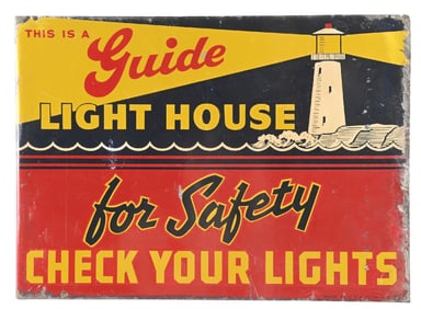 LIGHT HOUSE SAFETY LIGHTS TIN FLANGE SIGN W/ LIGHTHOUSE GRAPHIC.