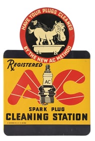 AC SPARK PLUG CLEANING STATION TIN FLANGE SIGN.