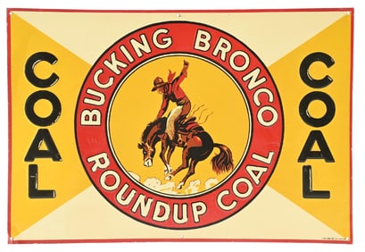 BUCKING BRONCO ROUNDUP COAL EMBOSSED TIN SIGN W/ COWBOY GRAPHIC.
