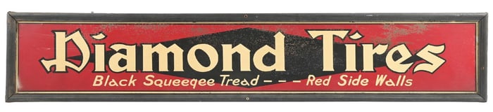 DIAMOND TIRES TIN SERVICE STATION SIGN W/ ORIGINAL WOOD FRAMING.