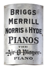 BRIGGS, MERRILL, NORRIS & HYDE PIANOS STAMPED METAL CORNER SIGN.