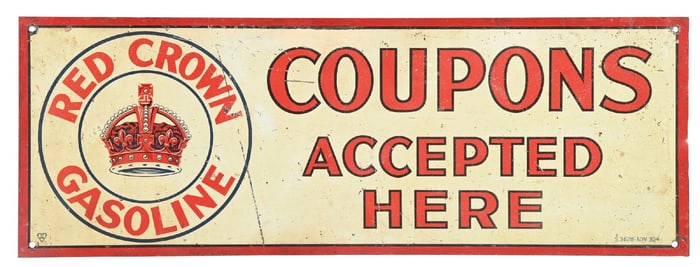 RED CROWN GASOLINE COUPONS ACCEPTED HERE TIN SIGN