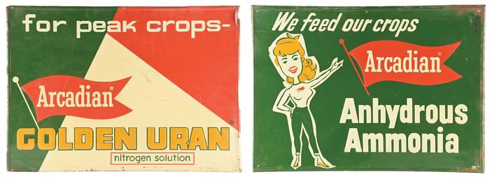 SET OF 2: ARCADIAN ANHYDROUS AMMONIA AND NITROGEN SOLUTIONS EMBOSSED TIN SIGNS