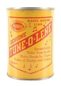 TUNE O'LENE "MAKES MOTORS SING" MOTOR OIL ONE QUART CAN WITH MUSICAL NOTE GRAPHICS.