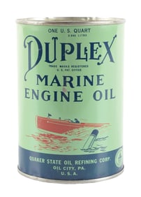 DUPLEX MARINE ENGINE OIL ONE QUART CAN W/ BOAT GRAPHIC.