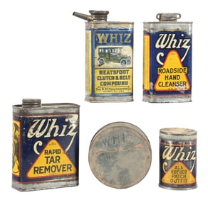 COLLECTION OF 5: WHIZ AUTOMOTIVE SUPPLY TINS.