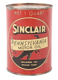 SINCLAIR PENNSYLVANIA MOTOR OIL 1 QUART CAN W/ STANDING DINO GRAPHIC.