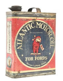 ATLANTIC MOTOR OIL FOR FORDS 1 GALLON FLAT CAN W/ PARROTT GRAPHIC.