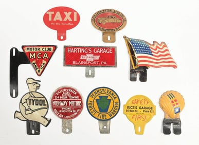 COLLECTION OF 10: TIN LICENSE PLATE TOPPERS.