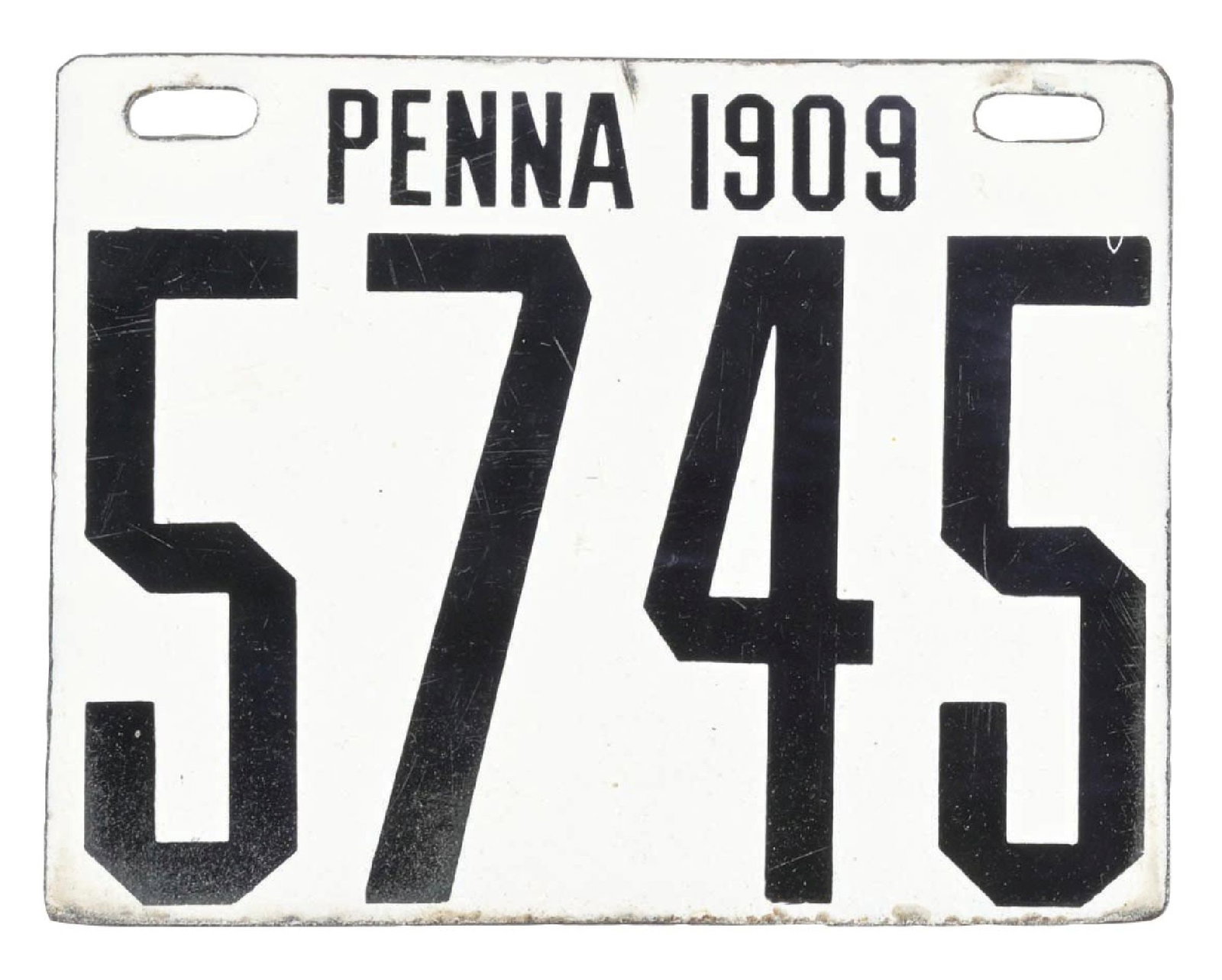 1909 PENNSYLVANIA LICENSE PLATE 5745.: SSP. Maker Marked Ingram Richardson. CONDITION: Plate is in excellent condition showing bright color & gloss with minimal areas of light surface wear and scratches. Plate shows light nicks at the moun