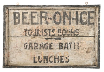 BEER ON ICE, TOURIST ROOMS & GARAGE HAND PAINTED WOOD SERVICE STATION SIGN.