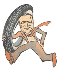 PEP BOYS PAINTED ZINC FIGURAL SIGN W/ TIRE GRAPHIC.