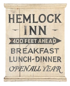 HEMLOCK INN 400 FEET AHEAD HAND PAINTED WOOD SIGN.