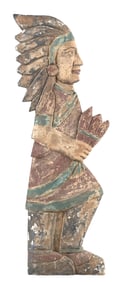 FOLK ART NATIVE AMERICAN CARVED WOODEN FIGURE W/ TOBACCO BAG.