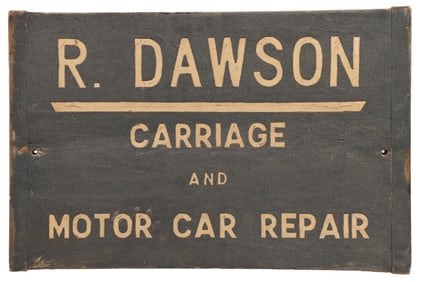 R. DAWSON CARRIAGE & MOTOR CAR REPAIR SAND PAINTED WOOD SIGN.