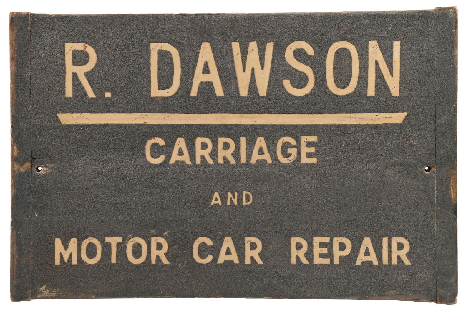 R. DAWSON CARRIAGE & MOTOR CAR REPAIR SAND PAINTED WOOD SIGN. (1 of 2)
