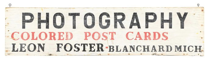 PHOTOGRAPHY & COLORED POST CARDS HAND PAINTED WOOD ADVERTISING SIGN.