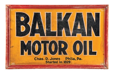 BALKAN MOTOR OIL PAINTED CARDSTOCK SIGN W/ WOOD FRAME.
