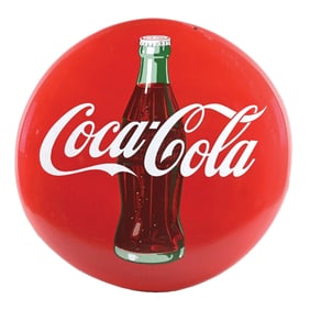 COCA COLA PORCELAIN BUTTON SIGN W/ BOTTLE GRAPHIC.
