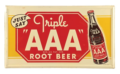 TRIPLE A ROOT BEER EMBOSSED TIN SIGN W/ BOTTLE GRAPHIC.