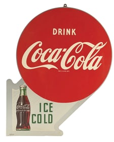 DRINK COCA COLA "ICE COLD" TIN FLANGE SIGN W/ BOTTLE GRAPHIC.