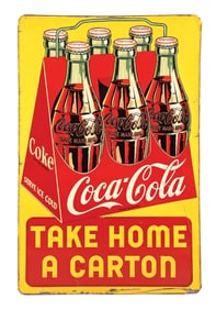 COCA COLA TAKE A CARTON HOME TIN SIGN W/ SIX PACK GRAPHIC.