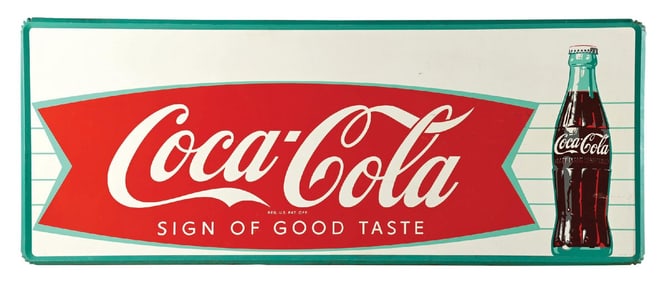 COCA-COLA SIGN OF GOOD TASTE SELF FRAMED TIN SIGN W/ BOTTLE & FISHTAIL GRAPHIC.