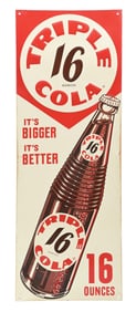 TRIPLE 16 COLA EMBOSSED TIN SIGN W/ BOTTLE GRAPHIC.