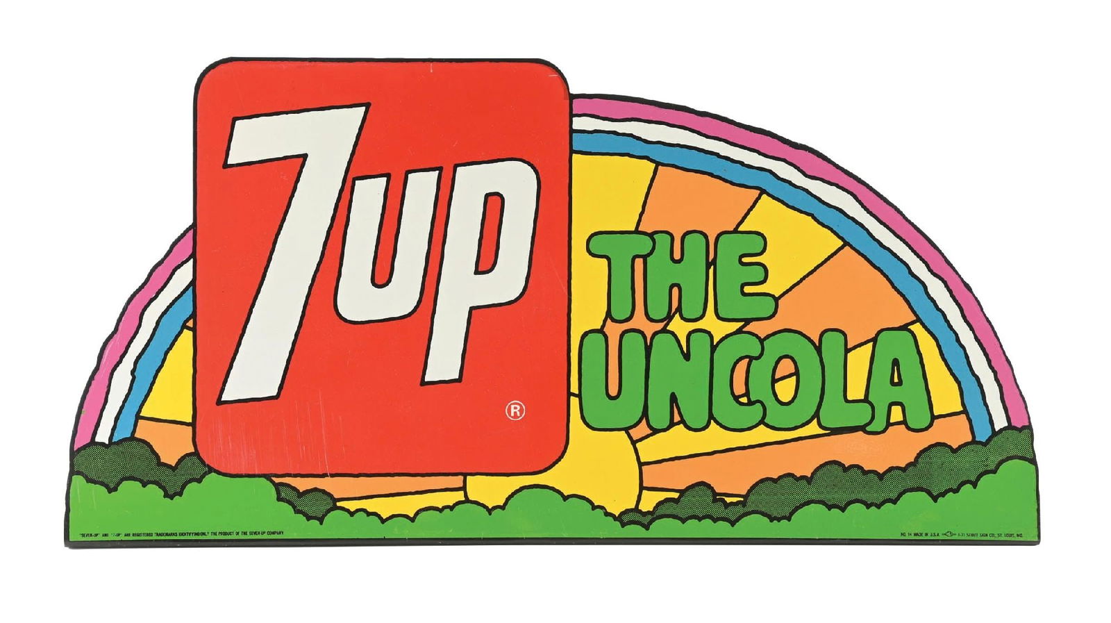 7UP THE UNCOLA TIN SIGN W/ FLANGE BASE.: SST. Maker Marked Stout Sign Co. Dated 1971. CONDITION: Sign shows brilliant color and gloss and is most likely new old stock showing little to no use wear. Sign shows some minor surface scratches in