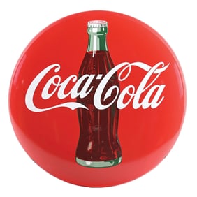 COCA COLA PORCELAIN BUTTON SIGN W/ BOTTLE GRAPHIC.