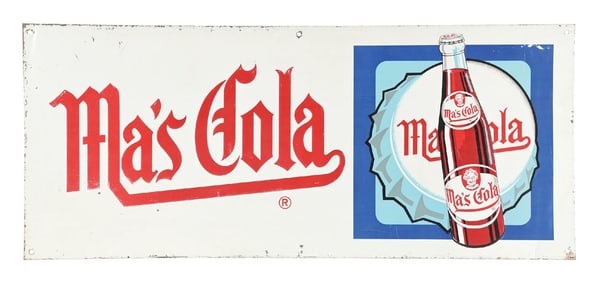 MA'S COLA EMBOSSED TIN SIGN W/ BOTTLE GRAPHIC.