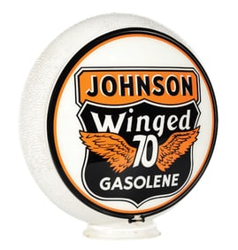 JOHNSON WINGED 70 GASOLENE SINGLE 13.5" GLOBE LENS ON ORIGINAL WHITE RIPPLE GLASS BODY.