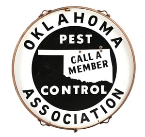 OKLAHOMA PEST CONTROL ASSOCIATION PORCELAIN SIGN W/ ORIGINAL METAL RING.