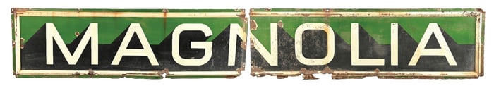 MAGNOLIA GASOLINE 2 PIECE PORCELAIN SERVICE STATION SIGN.