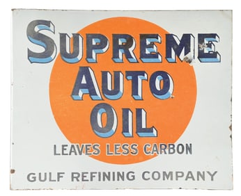 GULF SUPREME AUTO OIL PORCELAIN FLANGE SIGN.