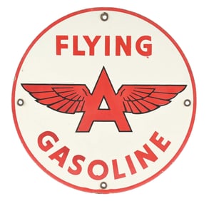 FLYING A GASOLINE PORCELAIN PUMP PLATE SIGN.