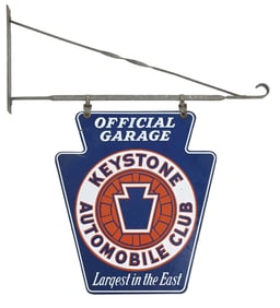 KEYSTONE AUTOMOBILE CLUB OFFICIAL GARAGE PORCELAIN SIGN W/ ORIGINAL METAL HANGER.